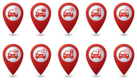 Car service. Set of red map pointers. Illustrazione stock