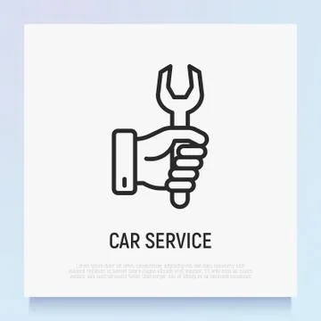 Car service thin line icon: wrench in hand. Modern vector illustration. Illustrazione stock