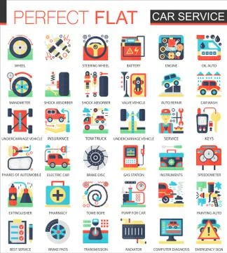 Car service vector complex flat icon concept symbols for web infographic design. Illustrazione stock