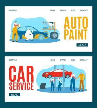 Car service, vector illustration. Workers in uniforms diagnose, repair engine Stock Illustration