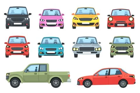 Car set. Front and side view transport, automobile different colors sedan and Stock Illustration