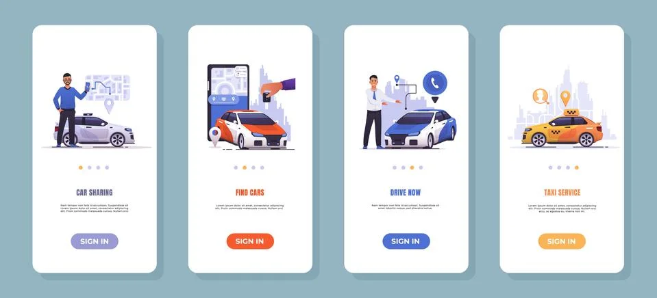 Car sharing app. Mobile application of taxi order service, auto remote control Stock Illustration