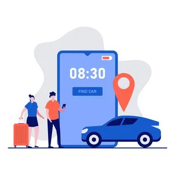 Car sharing service app concept with characters. People ordering online tax.. Stock Illustration