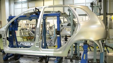 Car shell at laboratory for accurate measurement of factory AutoVAZ Stock Footage 71827223
