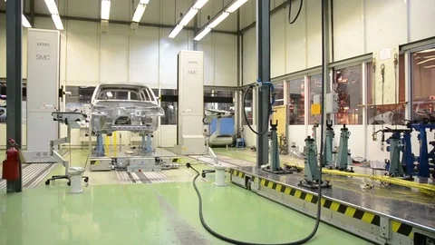 Car shell at laboratory for accurate measurement of factory AutoVAZ Stock Footage 71829569