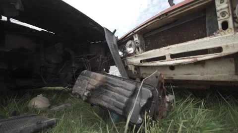 Car shells in a junkyard Stock Footage 55614763