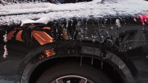 Car side covered with snow and icicles in winter – frozen vehicle detail Stock Footage 326644414