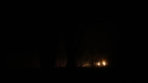 A car from side driving behind trees on a road with fog. Traffic background Stock Footage 324498967