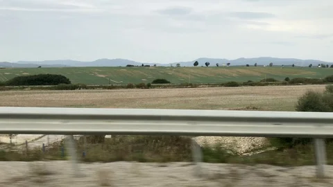 Car side window view to a field and trees along the road.  Stock Footage 118250263
