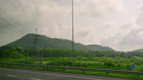 Car side window view of green palm tree forest, coconut plantation and hills Stock Footage 252937288