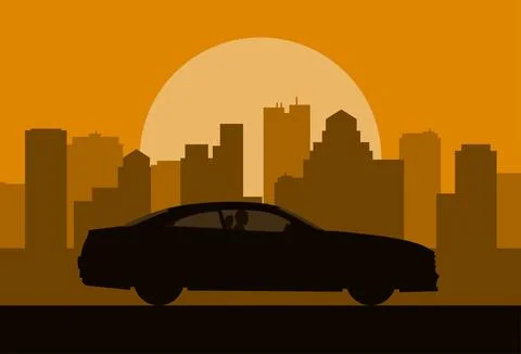 Car silhouette on the sunset city background Stock Illustration
