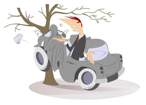 Car smashed into a tree Stock Illustration