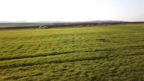 A car speeding down a road, surrounded by greenery Stock Footage 257077903