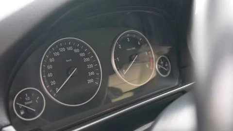 Car speedometer and diesel tachometer gauges dashboard with fuel meter Stock Footage 290318778