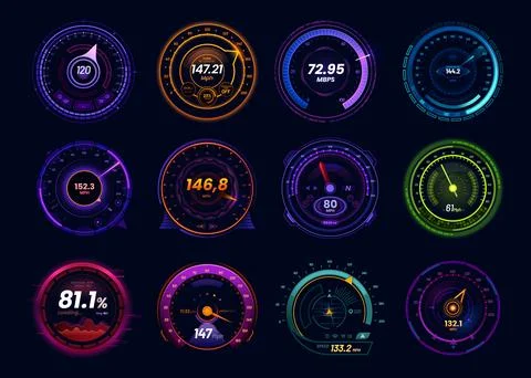 Car speedometer gauge, internet speed test dials Stock Illustration