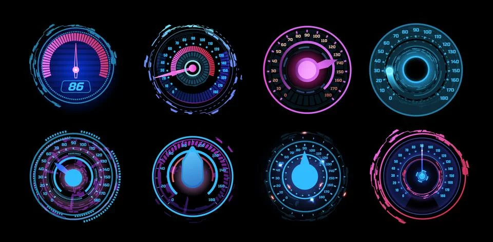 Car speedometer high tech scale dashboard vector set, digital speed gauge Stock Illustration