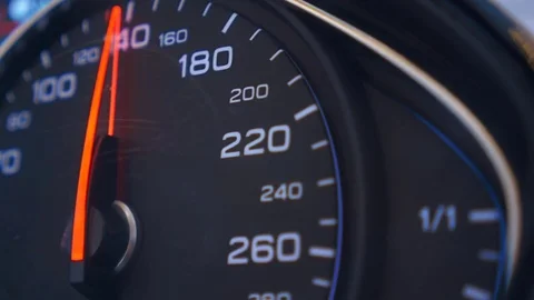 Car speedometer needle is rapidly approaching to the maximum value 300 km/h Stock Footage