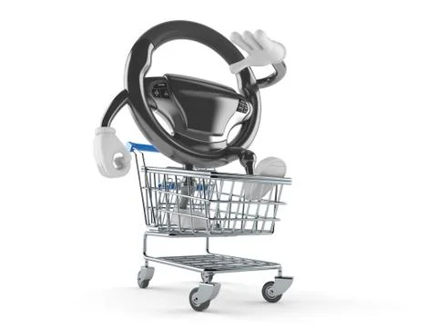 Car steering wheel character inside shopping cart Illustrazione stock