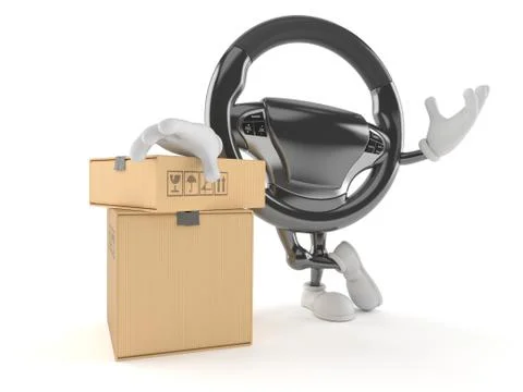 Car steering wheel character with stack of boxes Illustrazione stock