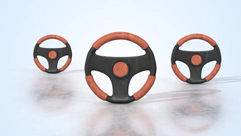 Car Steering Wheels on a Light Reflective Floor. Steering Wheel 3D Animation. 4K Stock Footage 297197030