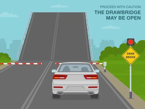 Car stopped at the gates, while drawbridge opens. Back view. Stock Illustration