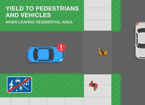Car stops in front of character. Give way to pedestrians and vehicles. Stock Illustration