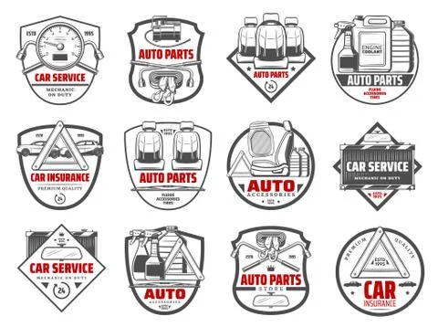 Car store auto parts and vehicle accessory icons Stock Illustration
