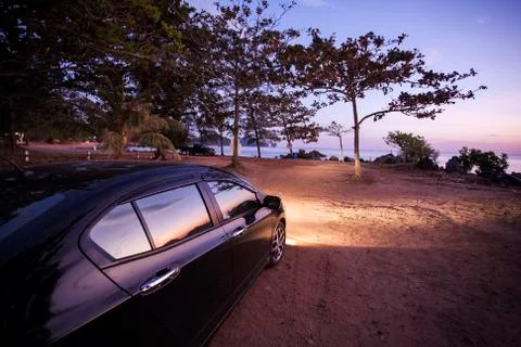 Car with sunset viewpoint Stock Photos