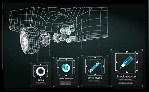 Car suspension design shows components like tires, brake assistant, drive sha Stock Illustration