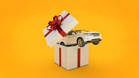 Car SUV coupe. Gift box concept. 3D rendering Stock Illustration