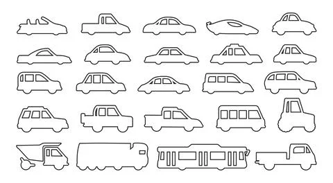 Car symbol linear style set sign different transport pickup bus tractor truck Stock Illustration