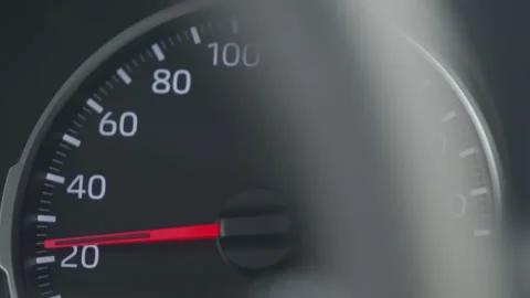 Car tachometer and moving pointer, car dashboard panel detail closeup Stock Footage 143379637