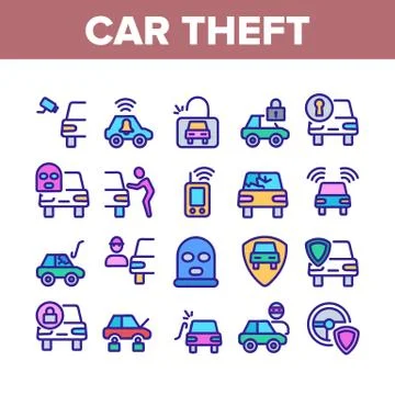 Car Theft Collection Elements Icons Set Vector Stock Illustration