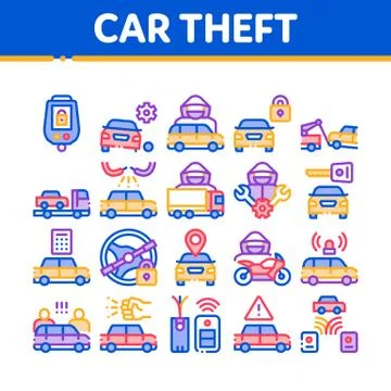 Car Theft Collection Elements Icons Set Vector Stock Illustration