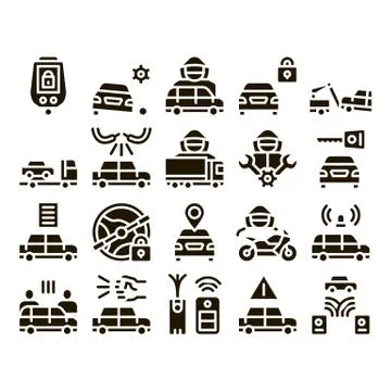 Car Theft Collection Elements Icons Set Vector Stock Illustration