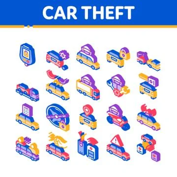 Car Theft Isometric Elements Icons Set Vector Stock Illustration