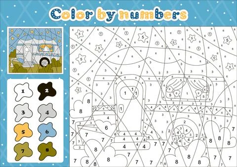 Car themed coloring page by number for kids with cute camping vehicle at ni.. Stock Illustration