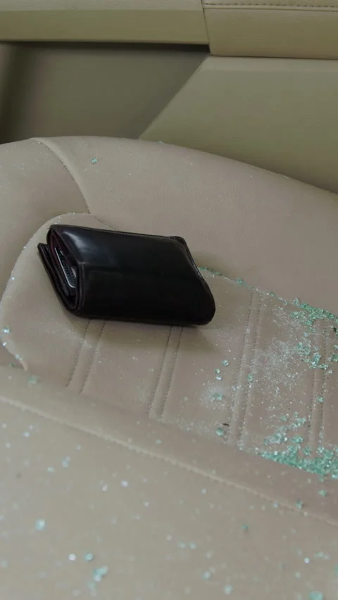 Car thief stealing things via smashed side window interior view criminal Stock Footage 276091674