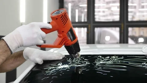 Car tinting - a worker applying tinting foil to the car window Stock Footage 232242600