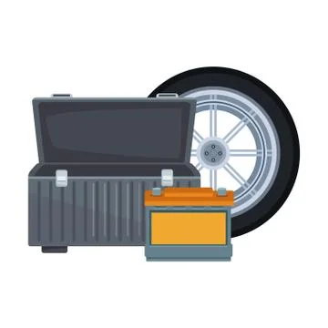 Car tire with empty tools box and car battery Stock Illustration
