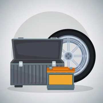 Car tire with empty tools box and battery, colorful design Stock Illustration