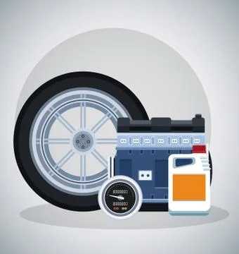 Car tire with engine and speed meter, colorful design Stock Illustration