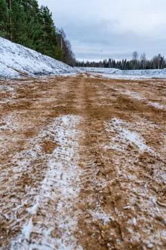 Car Tire Marks on an Empty Field Covered With Snow, Wood in the Background Foto stock