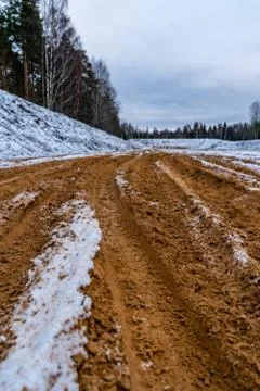Car Tire Marks on an Empty Field Covered With Snow, Wood in the Background 写真素材