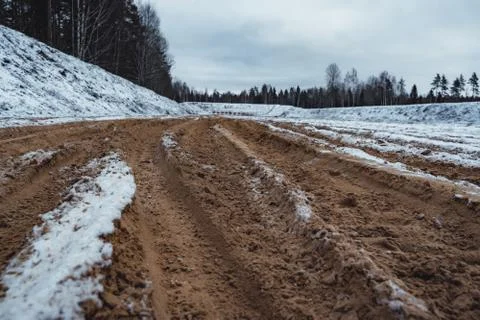 Car Tire Marks on an Empty Field Covered With Snow, Wood in the Background Foto stock
