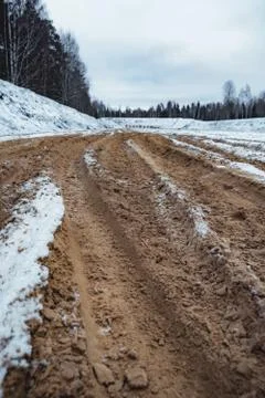 Car Tire Marks on an Empty Field Covered With Snow, Wood in the Background Stockfoto's