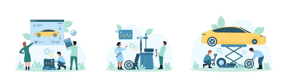 Car tire service set, tiny people disassembly wheel to replace winter tires Stock Illustration