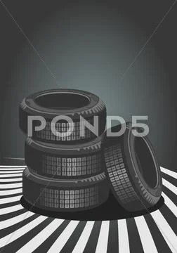 Car tires on black background Stock Illustration