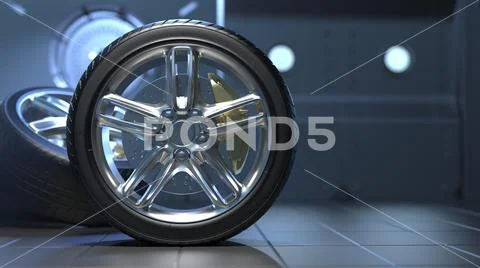 Car tires in a futuristic room. Alloy wheels. 3D visualization Stock Photos