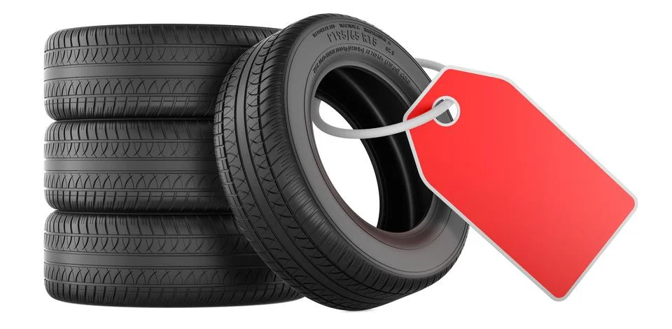 Car tires stack with blank red price tag, sale and promotion concept, 3D re.. 스톡 일러스트